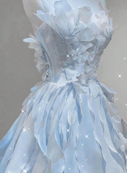 Chic A Line Strapless Ripple Light Blue Floral Chiffon Long Prom Dresses, Evening Dresses GG188