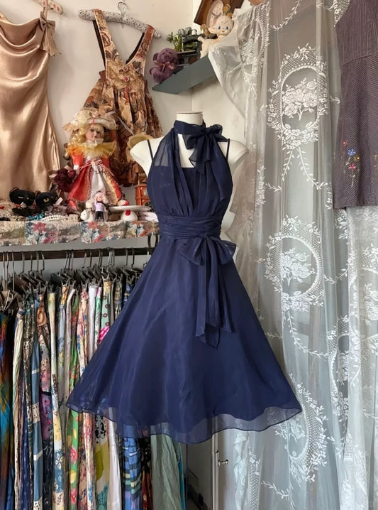 Chic A Line Spaghetti Straps Halter Navy Chiffon Short Prom Dress,Homecoming Dress,Evening Dress GG1880