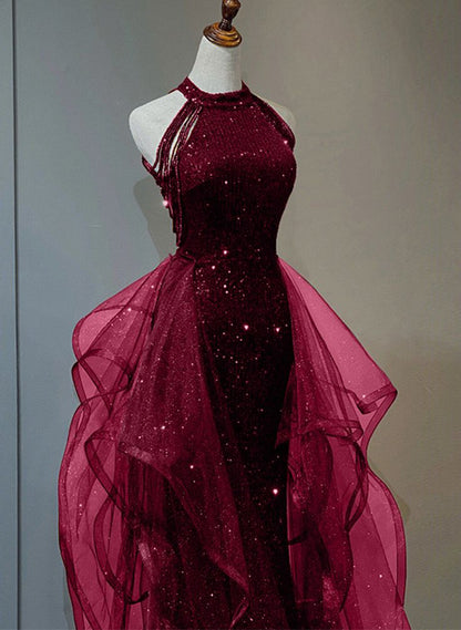 Delicate A Line Halter Black (Burgundy) Beaded Ripple Tulle Long Prom Dresses, Evening Dresses GG189