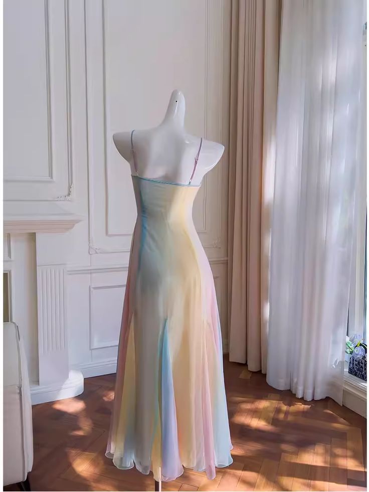Beautiful A-Line Rainbow Ombre Spaghetti Straps Chiffon Long Prom Dress,Evening Dress GG1894