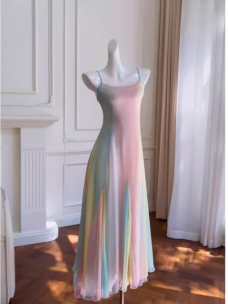 Beautiful A-Line Rainbow Ombre Spaghetti Straps Chiffon Long Prom Dress,Evening Dress GG1894
