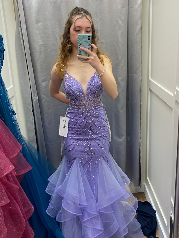 Gorgeous Mermaid Spaghetti Straps Lilac Tulle Beaded Long Prom Dress,Evening Dress GG1897