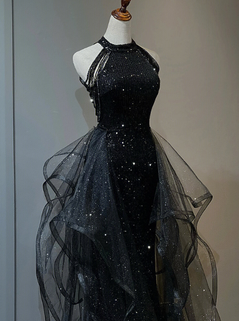 Delicate A Line Halter Black (Burgundy) Beaded Ripple Tulle Long Prom Dresses, Evening Dresses GG189