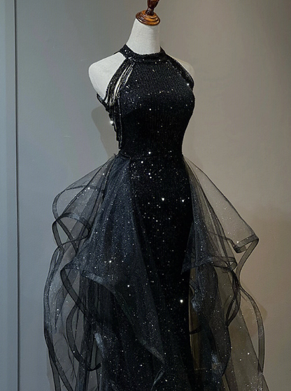 Delicate A Line Halter Black (Burgundy) Beaded Ripple Tulle Long Prom Dresses, Evening Dresses GG189