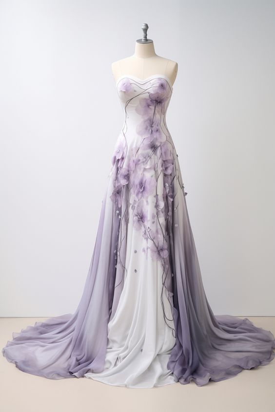 Delicate A Line Strapless Sweetheart Lavender Flower Long Prom Dresses, Evening Dresses GG190