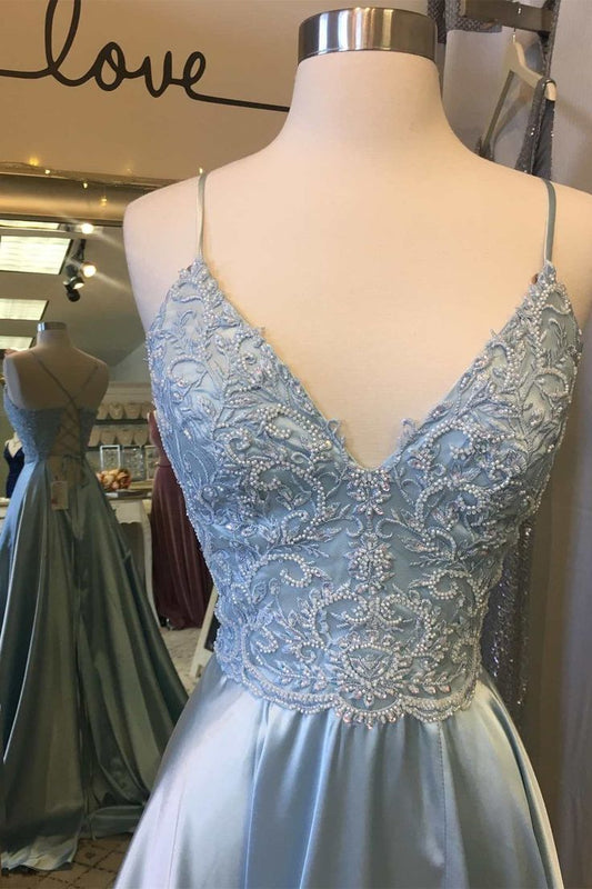 Elegant A Line Spaghetti Straps Pale Blue Satin Slit Beaded Long Prom Dress,Evening Dress GG1900