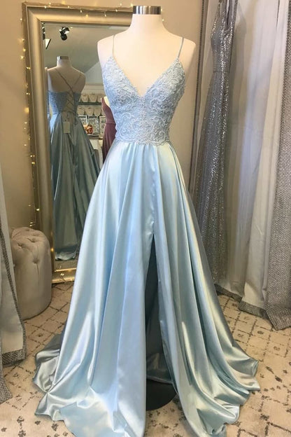 Elegant A Line Spaghetti Straps Pale Blue Satin Slit Beaded Long Prom Dress,Evening Dress GG1900