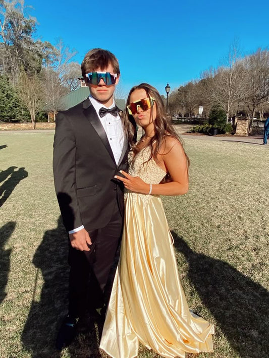 Elegant A Line Spaghetti Straps Satin Beaded Slit Long Prom Dress,Evening Dress GG1904