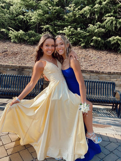 Elegant A Line Spaghetti Straps Satin Beaded Slit Long Prom Dress,Evening Dress GG1904