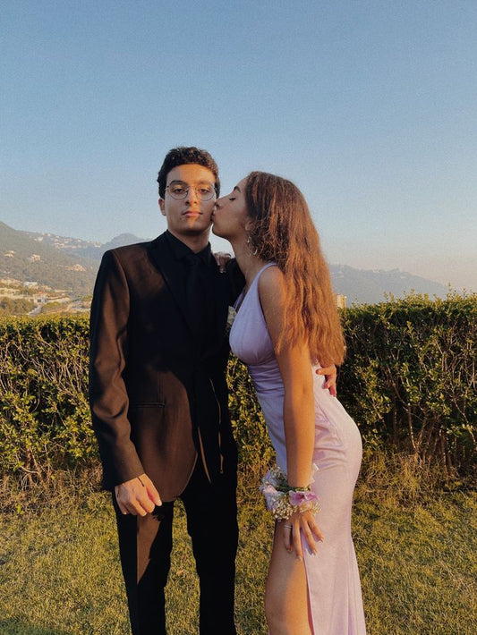 Sexy Mermaid V Neck Lilac Satin Pleated Slit  Long Prom Dress,Evening Dress GG1905