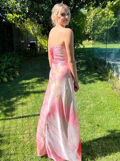 Colorful A Line Strapless Satin Pleated Long Prom Dress,Evening Dress GG1908