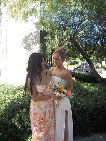 Lovely A Line Strapless White Chiffon Slit Long Prom Dress,Evening Dress GG1911