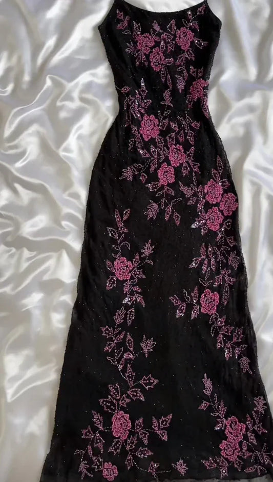 Charming A Line Spaghetti Straps Black Tulle Flowers Long Prom Dress,Evening Dress GG1916