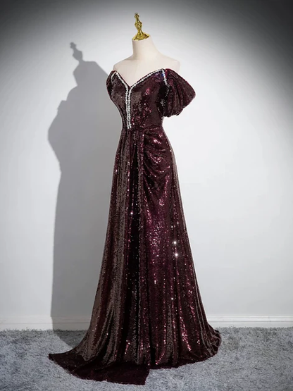 Shiny A Line Off The Shoulder Maroon Sequins Beaded Long Prom Dress, Maroon Simple Evening Dress GG191