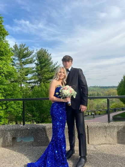 Sparkly Mermaid Strapless Royal Blue Satin Sequin Long Prom Dress,Evening Dress GG1922