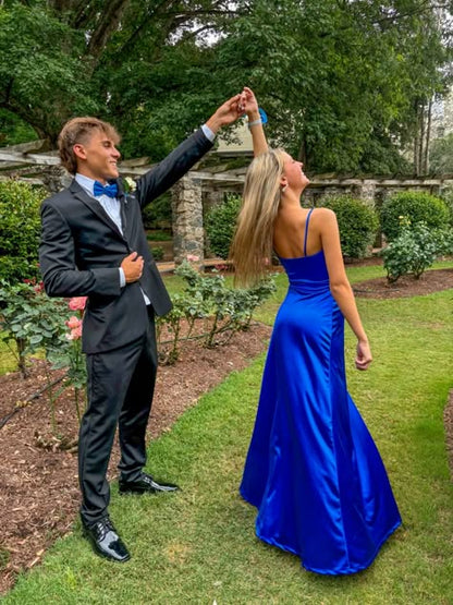 Simple A Line Spaghetti Straps Royal Blue Satin Long Prom Dress,Evening Dress GG1927