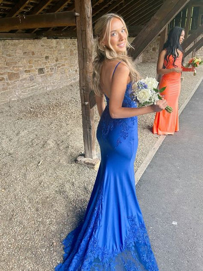 Pretty Mermaid Spaghetti Straps Royal Blue Satin Lace Applique Long Prom Dress,Evening Dress GG1928