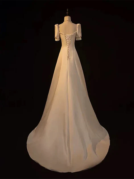 Simple A Line Square Lvory Satin Short Bubble Sleeves Long Prom Dress, Evening Dress GG192