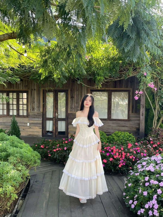 Pretty A Line Off The Shoulder Pastel Yellow Satin Tiered Long Prom Dress,Evening Dress GG1930