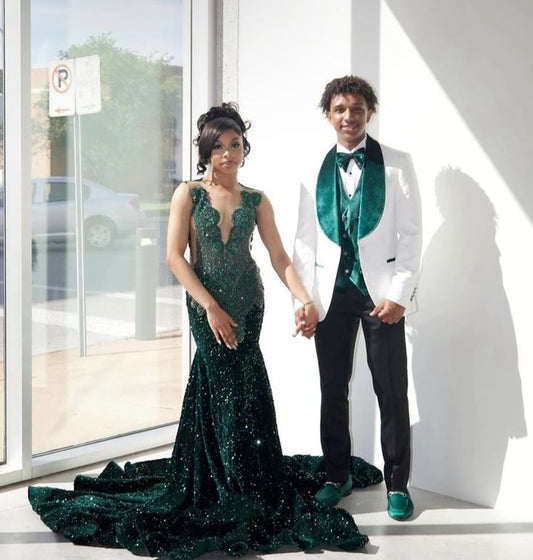 Gorgeous Mermaid V Neck Dark Green Velvet Beaded Long Prom Dress,Evening Dress GG1933