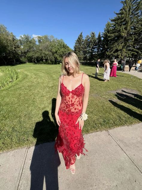 Charming A Line Spaghetti Straps Red Lace Beaded Applique Long Prom Dress,Evening Dress GG1935