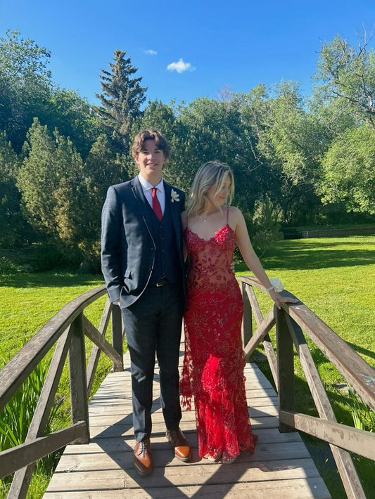 Charming A Line Spaghetti Straps Red Lace Beaded Applique Long Prom Dress,Evening Dress GG1935