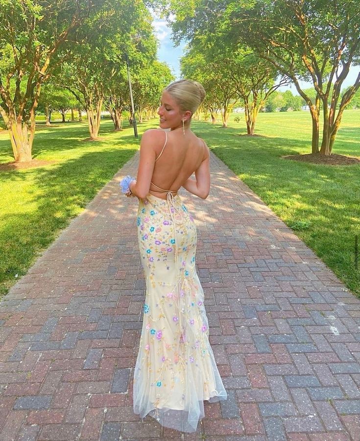 Pretty Mermaid Spaghetti Straps Pastel Yellow Tulle Applique Long Prom Dress,Evening Dress GG1942