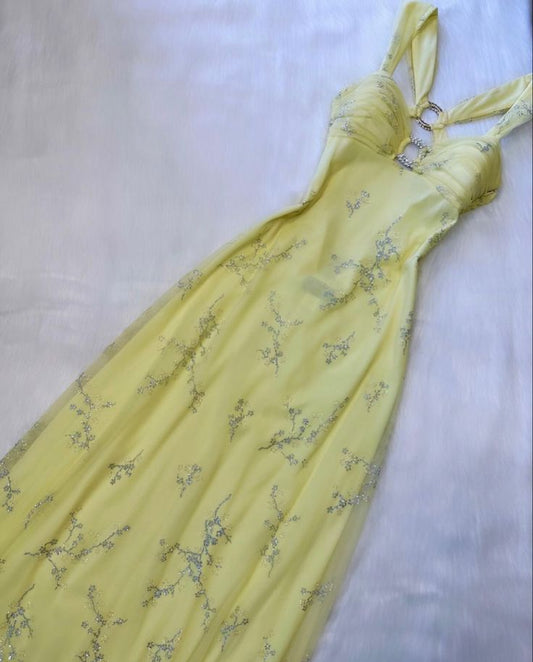 Chic A Line Sweetheart Lemon Yellow Satin Tulle Sequin Long Prom Dress,Evening Dress GG1946