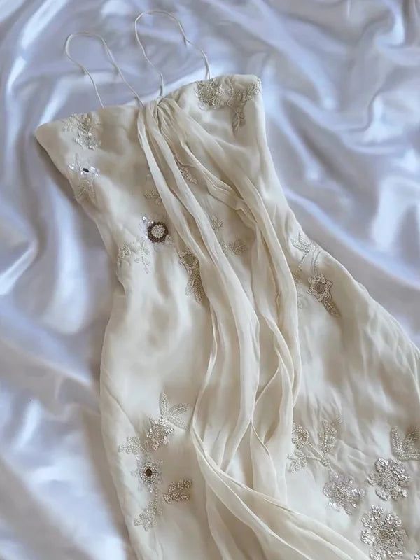 Pretty A Line Spaghetti Straps Light Ivory Chiffon Applique Long Prom Dress,Evening Dress GG1948