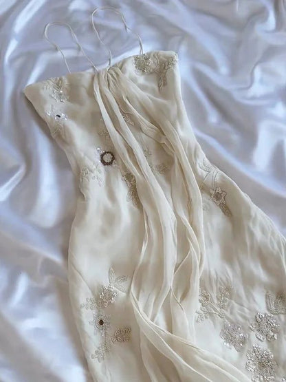 Pretty A Line Spaghetti Straps Light Ivory Chiffon Applique Long Prom Dress,Evening Dress GG1948