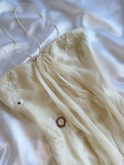 Pretty A Line Spaghetti Straps Light Ivory Chiffon Applique Long Prom Dress,Evening Dress GG1948