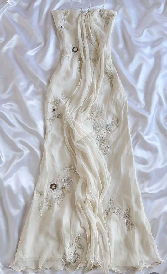 Pretty A Line Spaghetti Straps Light Ivory Chiffon Applique Long Prom Dress,Evening Dress GG1948