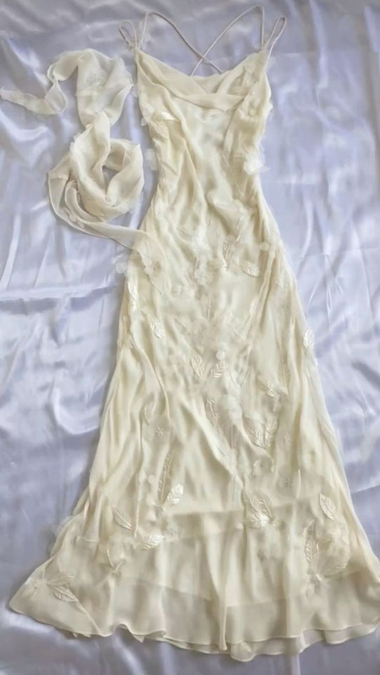 Beautiful A Line Spaghetti Straps Ivory Chiffon Applique Long Prom Dress,Evening Dress GG1949