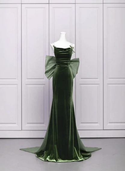 Elegant A Line Spaghetti Straps Green Velvet  Low Back Bow,Long Prom Dress, Evening Dress GG194