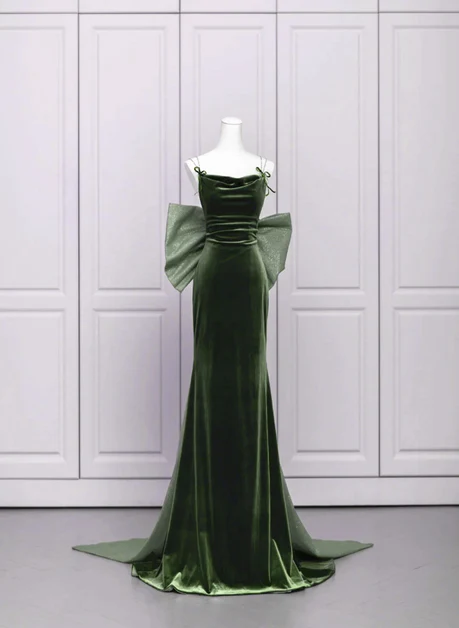 Elegant A Line Spaghetti Straps Green Velvet  Low Back Bow,Long Prom Dress, Evening Dress GG194