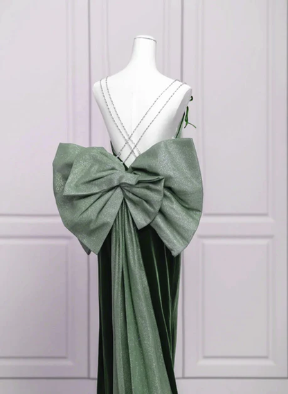 Elegant A Line Spaghetti Straps Green Velvet  Low Back Bow,Long Prom Dress, Evening Dress GG194