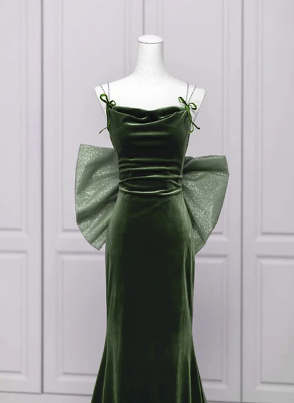 Elegant A Line Spaghetti Straps Green Velvet  Low Back Bow,Long Prom Dress, Evening Dress GG194