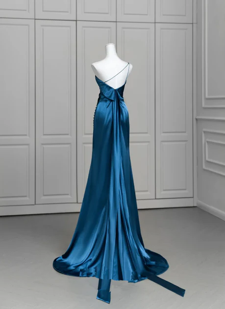 Elegant A Line One Shoulder Blue Soft Satin Leg Slit Long Prom Dress, Evening Dress GG195