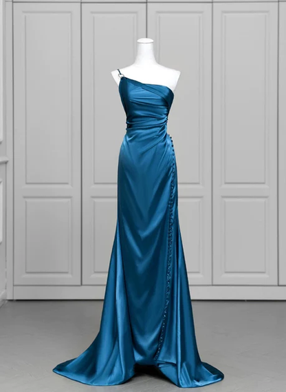 Elegant A Line One Shoulder Blue Soft Satin Leg Slit Long Prom Dress, Evening Dress GG195