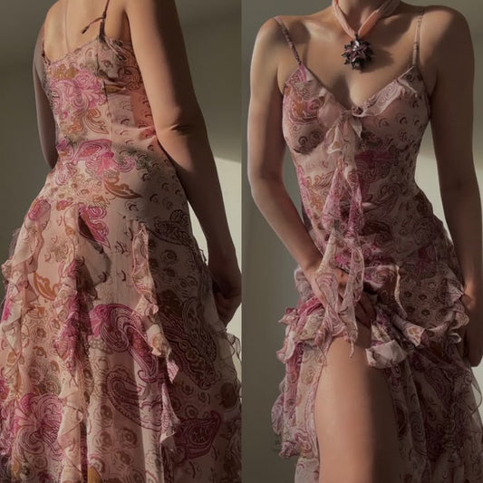 Sexy A Line Spaghetti Straps Chiffon Printing Ruffles Long Prom Dress,Evening Dress GG1951