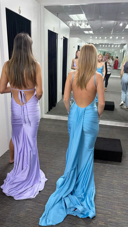 Pretty Mermaid Halter Straps Lilac Satin Pleated Long Prom Dress,Evening Dress GG1954