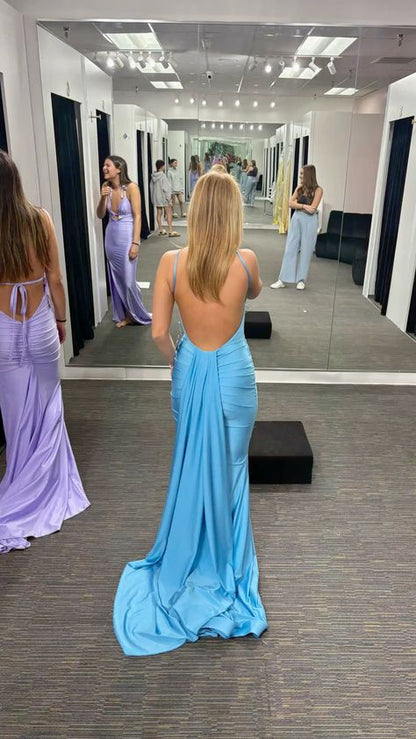 Pretty Mermaid Halter Straps Lilac Satin Pleated Long Prom Dress,Evening Dress GG1954