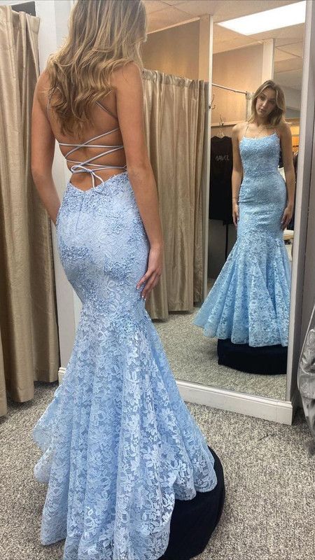 Delicate Mermaid Halter Straps Pale Blue Lace Long Prom Dress,Evening Dress GG1955