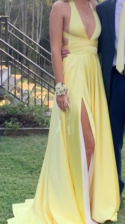 Sexy A Line Halter V Neck Satin Slit Long Prom Dress,Evening Dress GG1956