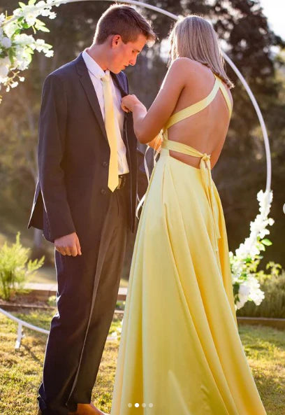 Sexy A Line Halter V Neck Satin Slit Long Prom Dress,Evening Dress GG1956