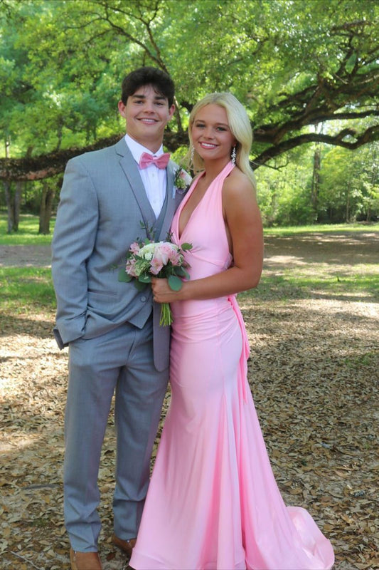 Sexy Mermaid Halter V Neck Pink Satin Long Prom Dress,Evening Dress GG1957