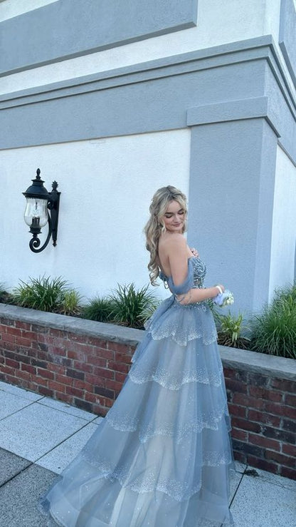 Fairy A Line Off The Shoulder Sky Blue Tulle Sequin Long Prom Dress,Evening Dress GG1960