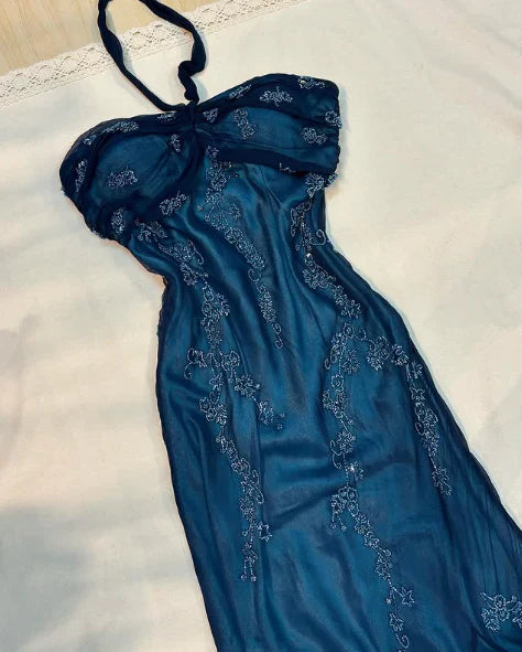 Chic A Line Halter Straps Satin Chiffon Applique Long Prom Dress,Evening Dress GG1962