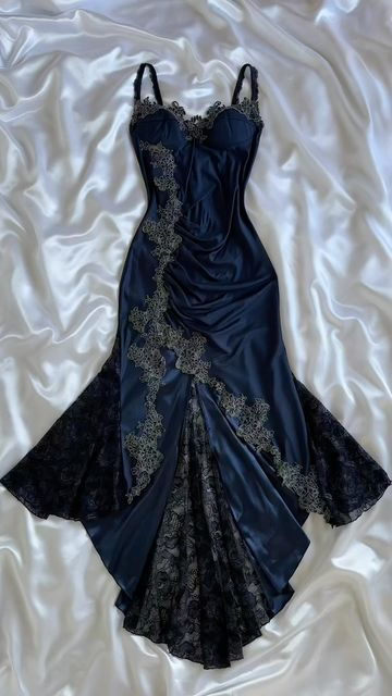 New Mermaid Spaghetti Straps Navy Satin Applique Lace Long Prom Dress,Evening Dress GG1963