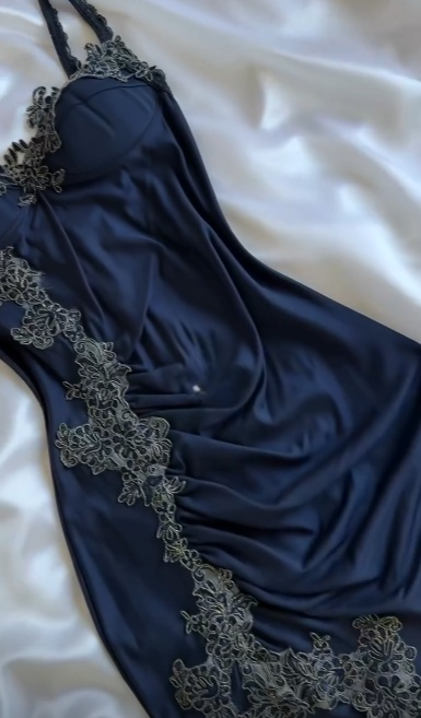 New Mermaid Spaghetti Straps Navy Satin Applique Lace Long Prom Dress,Evening Dress GG1963